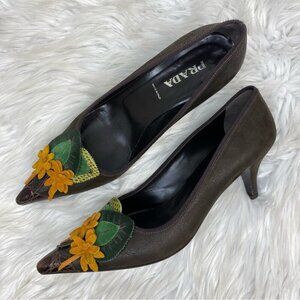 Prada‎ Women's Brown Leather Floral Pointed Toe Kitten Heel Pump EU 38/ US 7.5